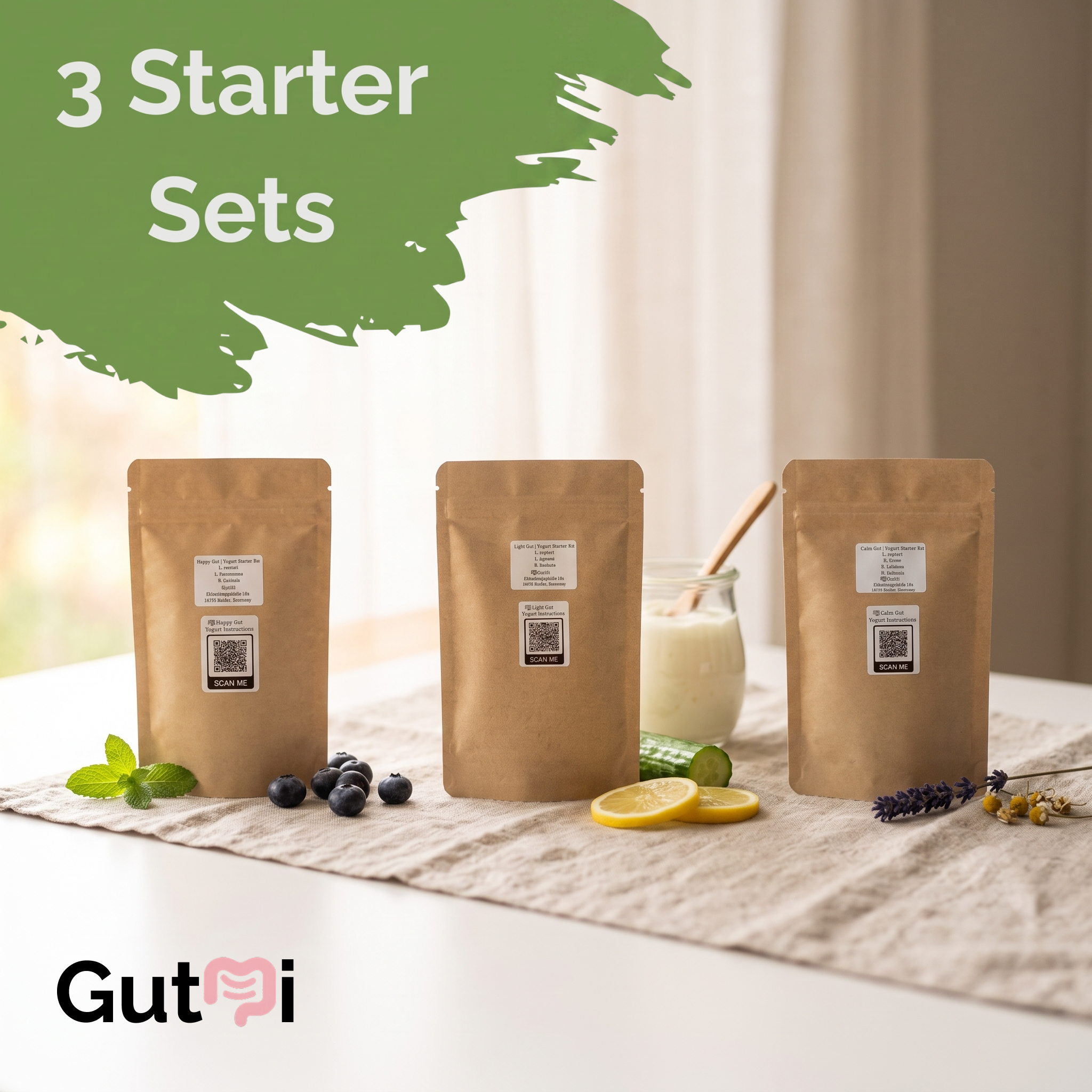 GutMi | L. reuteri + 6 autres souches (7 au total) | Comprend toutes les espèces disparues | 3 kits de démarrage pour yaourt | Lot de kits de démarrage | Cultures de démarrage | 9 ferments pour yaourt