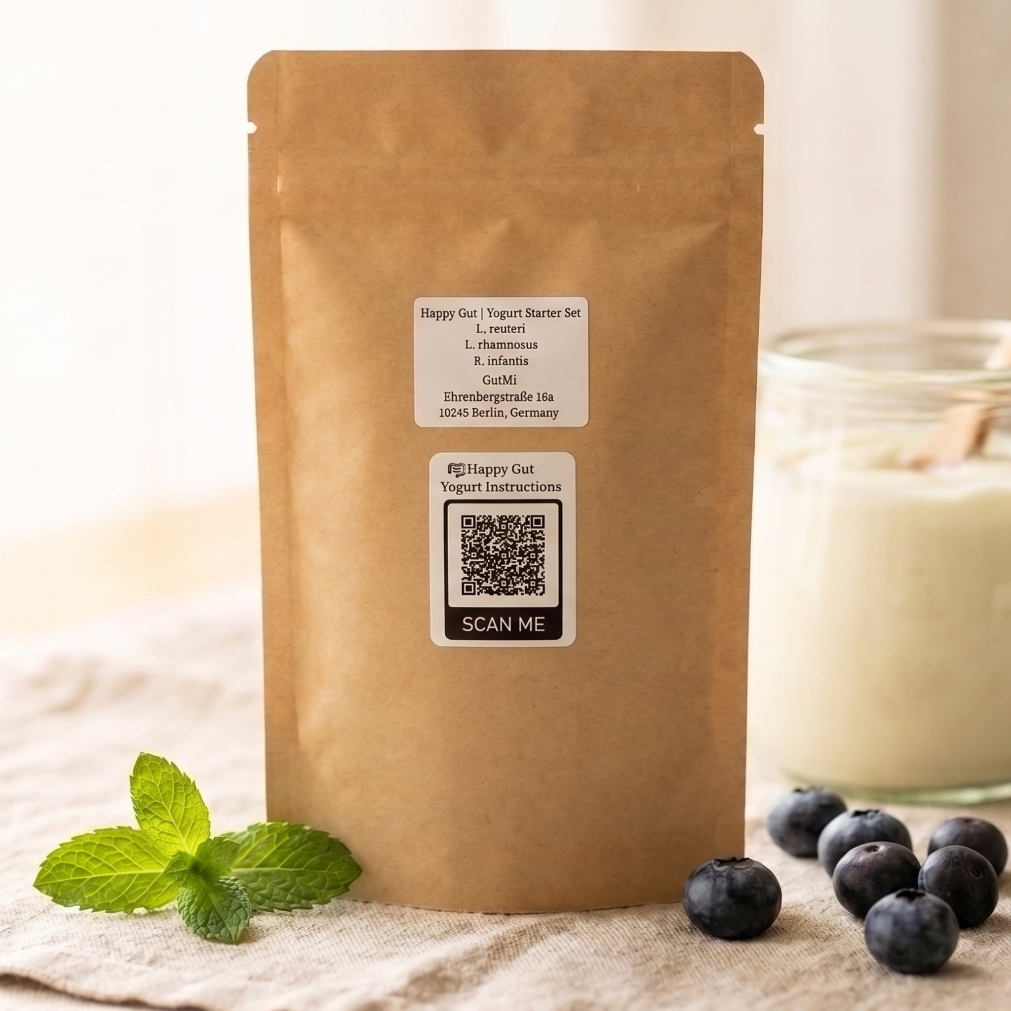 GutMi | L. reuteri + L. rhamnosus + B. infantis | Intestin heureux | Kit de démarrage pour yaourt | Cultures de démarrage | 3 ferments pour yaourt